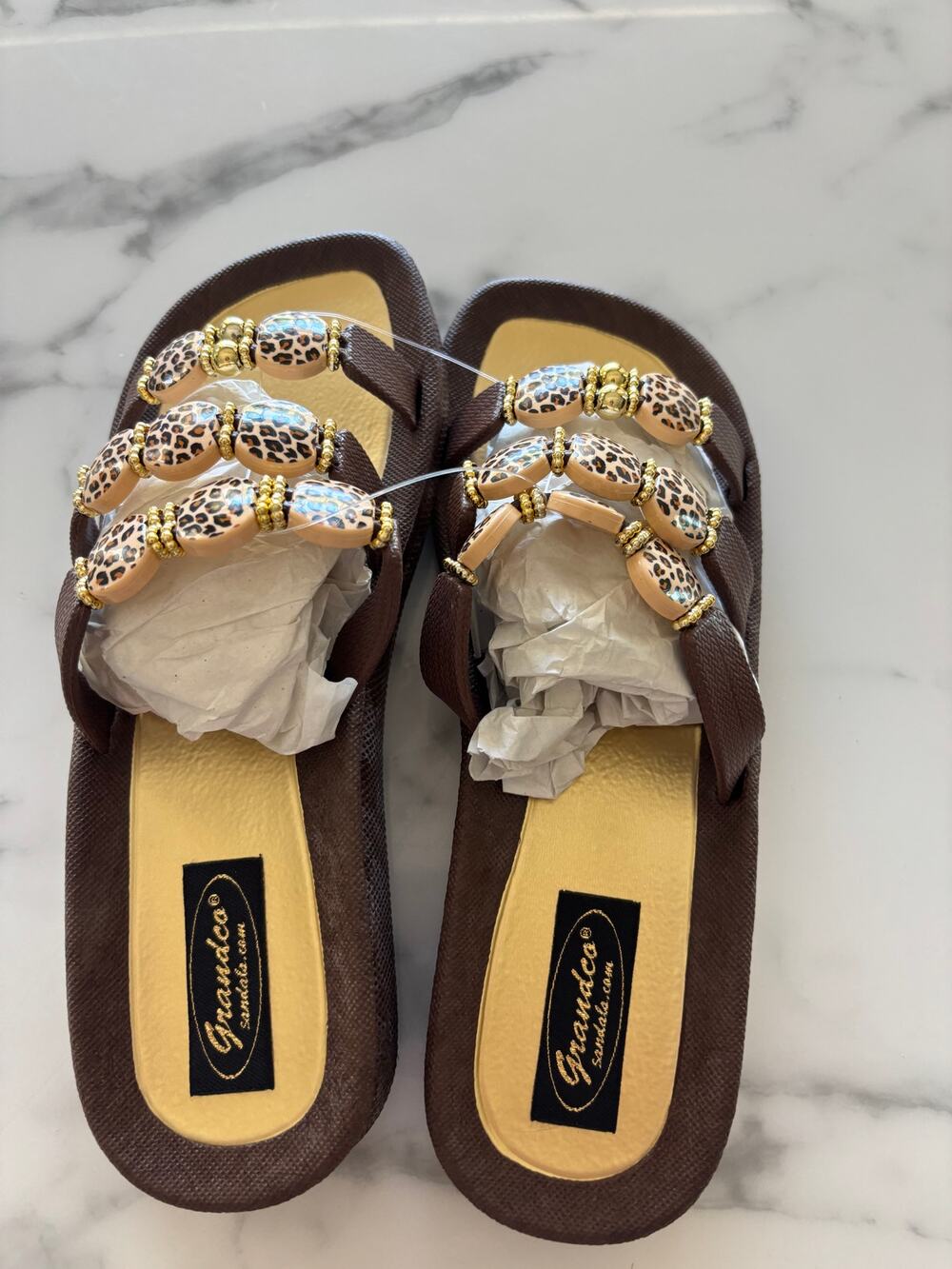 Grandco Sandals Leopard Beaded Double Strap Slide Women's Size 8 Brown Gold New